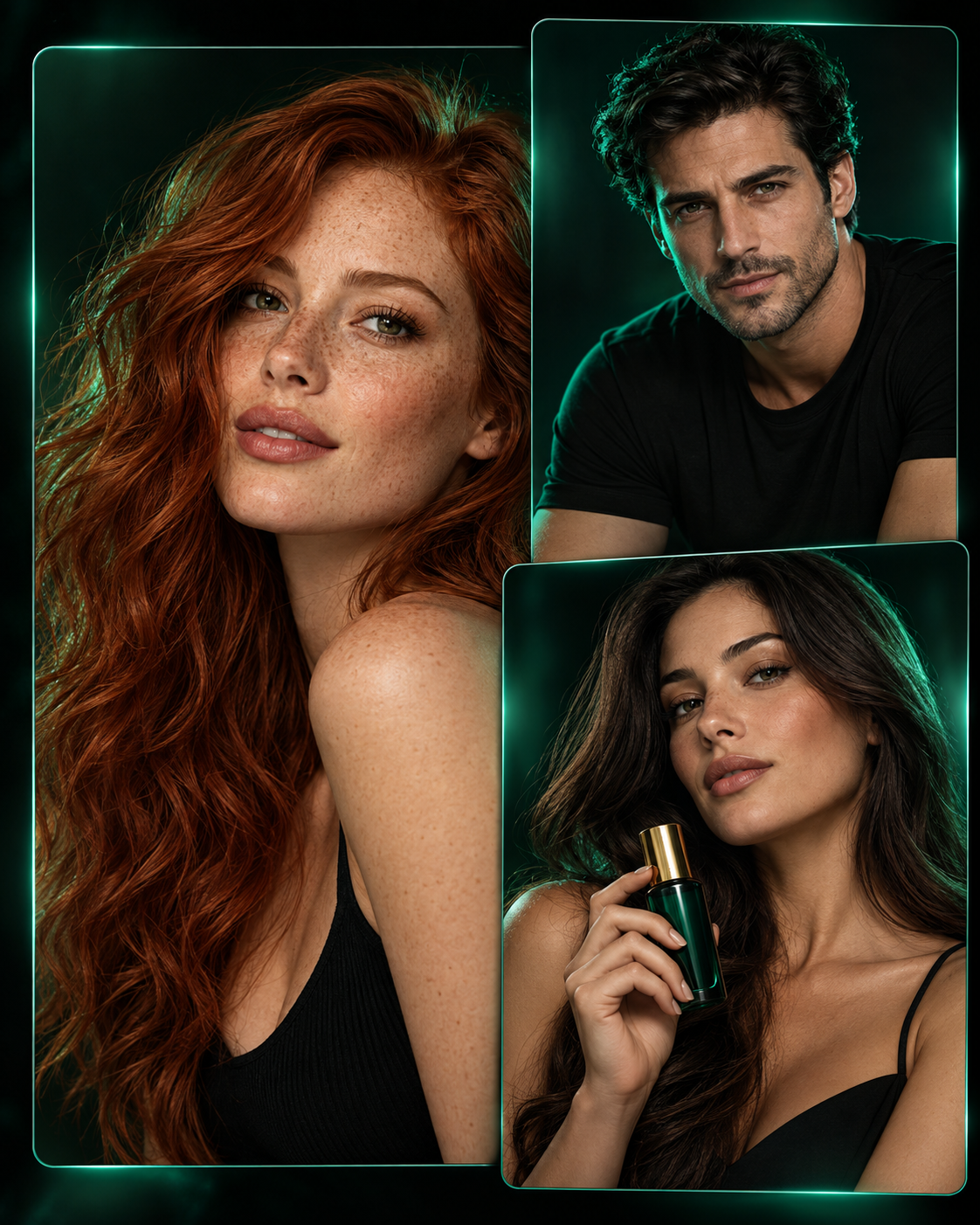 Influencer ruiva, influencer masculino e mulher apresentando um frasco verde com tampa dourada, em estúdio com iluminação verde