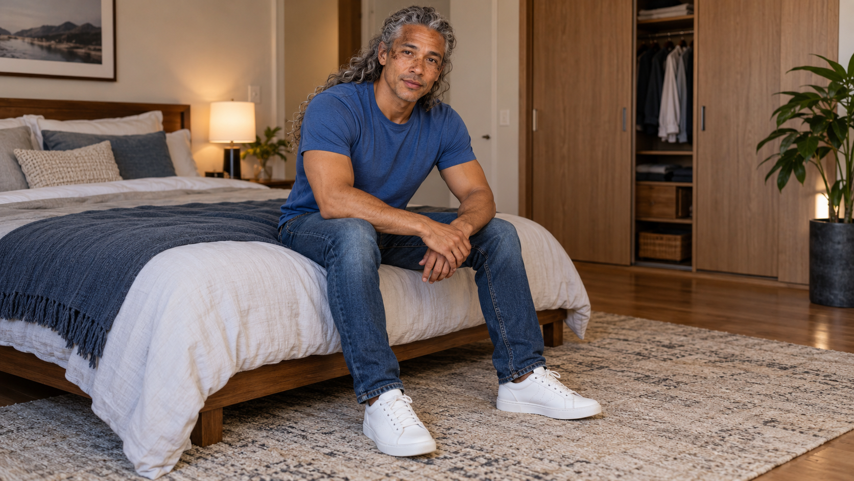 Personagem masculino de cabelo grisalho longo sentado em um quarto