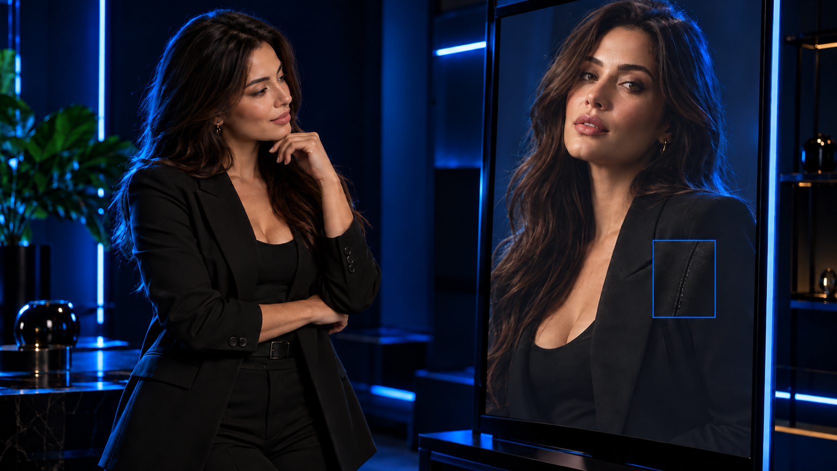 Influencer virtual ao lado de um retrato em revisão com iluminação azul