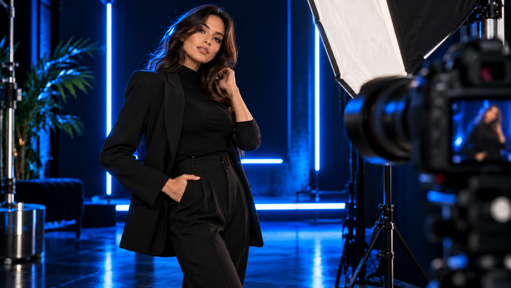Influencer em sessão fotográfica em estúdio com iluminação azul