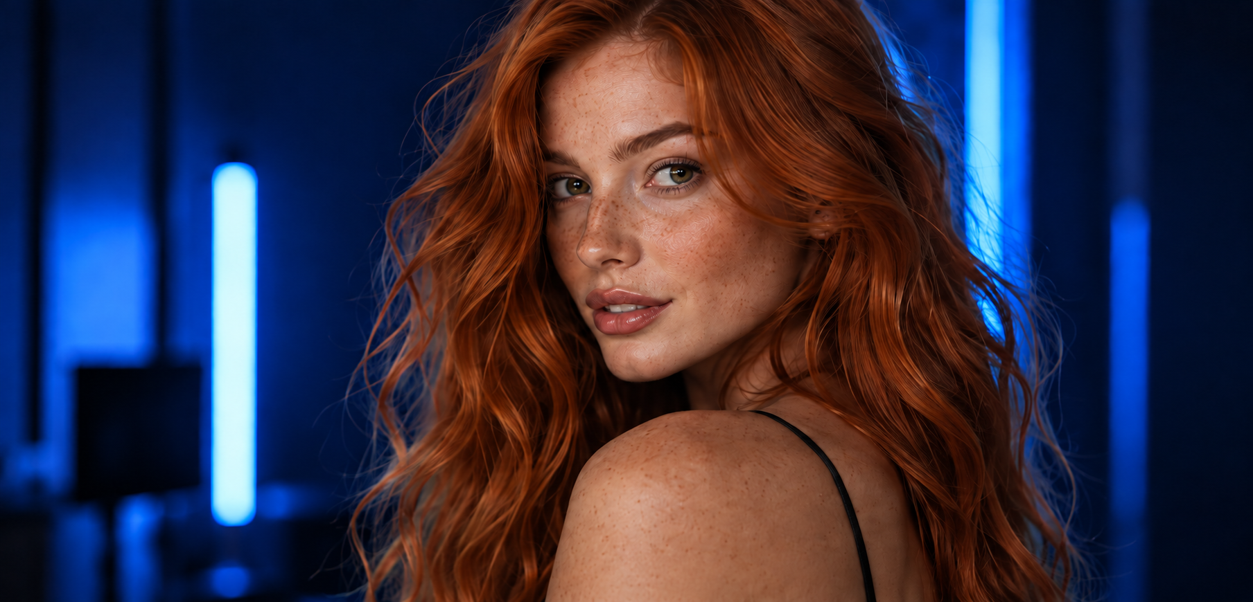 Retrato de influencer virtual ruiva em estúdio com iluminação azul