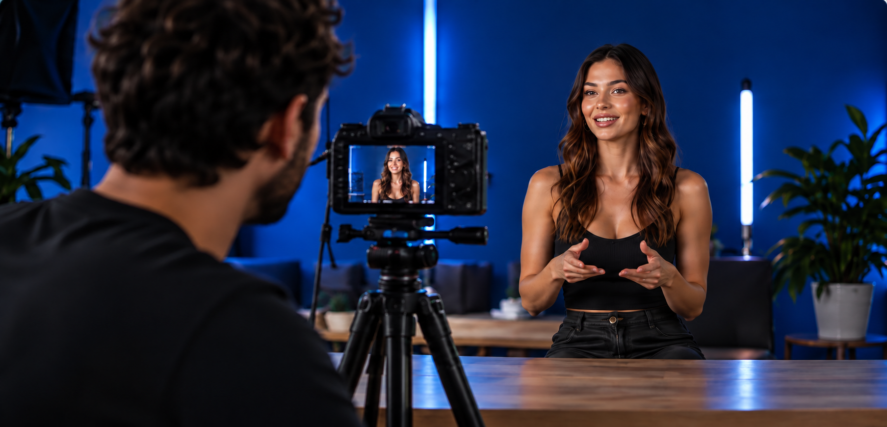Influencer sendo filmada por um criador com câmera no tripé